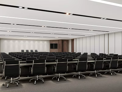 Spacious Modern Conference Room With Black Chairs Long Tables And Ceiling Lights 3d model