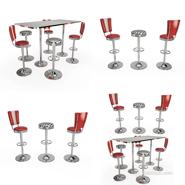 Modern Bar Counter With Red Bar Stools And Metal Base Design Elements 3d model