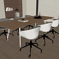 Modern Conference Table In Office Setting With Wooden Top Wheeled Chairs Bookshelf And Window Blinds