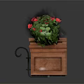 Wooden Planter With Metal Accents Featuring Green Plants And Red Flowers