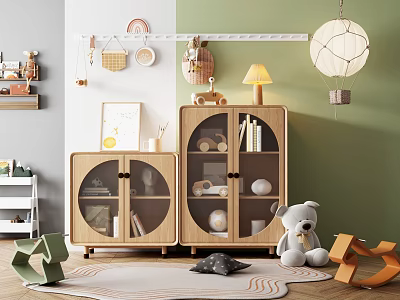 Wooden Decorative Cabinets With Glass Doors In Cozy Kids Room With Toys And Books 3d model