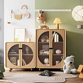 Wooden Decorative Cabinets With Glass Doors In Cozy Kids Room With Toys And Books