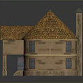 Cartoon Style House 3D Model With Brown Tile Roof Stone Walls Windows Porch And Chimney