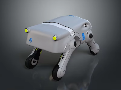 Quadruped Robot Device With Modern Design Yellow Lights Blue Logos And Wheeled Legs 3d model