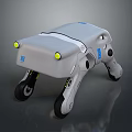 Quadruped Robot Device With Modern Design Yellow Lights Blue Logos And Wheeled Legs