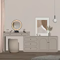 Modern Beige Dressing Table Featuring Ring Light Mirror Drawers Stool Decorative Painting And Vase Plant