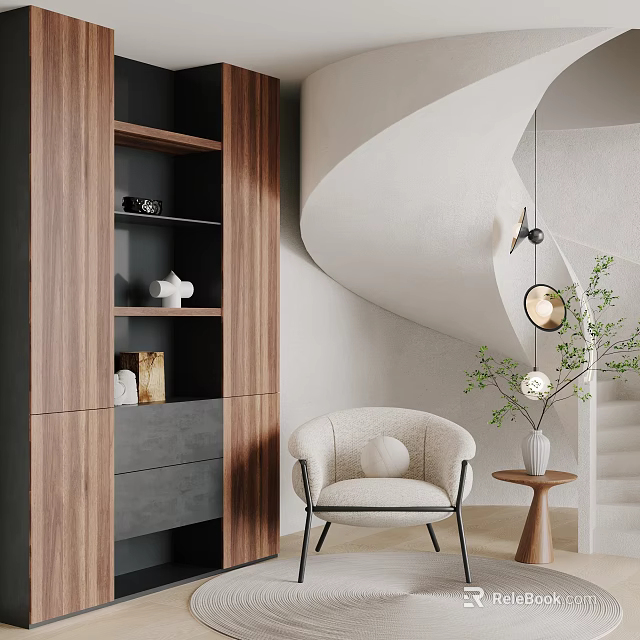 Modern Minimalist Single Sofa with Spiral Staircase Wooden Bookshelf Small Round Table and Green Plant 3d model 