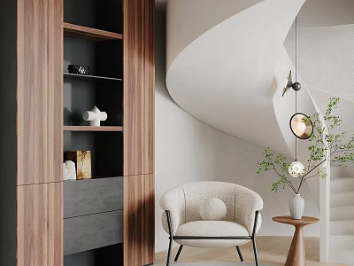 Modern Minimalist Single Sofa with Spiral Staircase Wooden Bookshelf Small Round Table and Green Plant 3d model