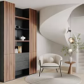 Modern Minimalist Single Sofa with Spiral Staircase Wooden Bookshelf Small Round Table and Green Plant