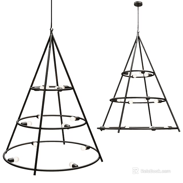 Black Metal Cone Shaped Multi Layer Chandeliers With Bulbs Design 3d model 