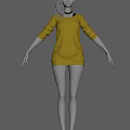 Game Movie Female Character Wearing Yellow Top Blue Shorts White Shoes Three Angles Orange Background