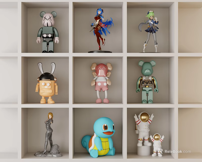 Various Collectible Dolls Arranged on White Shelving Unit with Multiple Compartments 3d model 