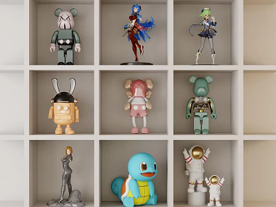 Various Collectible Dolls Arranged on White Shelving Unit with Multiple Compartments 3d model