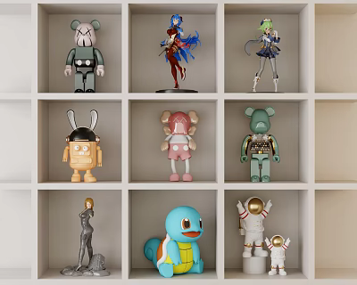 Various Collectible Dolls Arranged on White Shelving Unit with Multiple Compartments 3d model