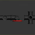Industrial Style Metal Pipe Fittings With Red Valve And Various Shapes On Dark Background