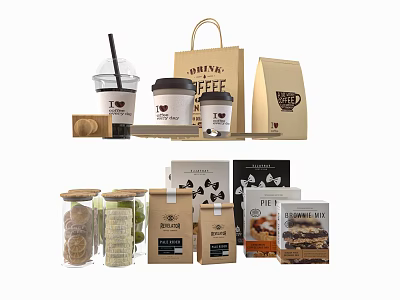 Stylish Coffee Cups And Paper Cups With Straws Paper Bags And Biscuit Jars 3d model
