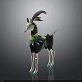 Colorful Fantasy Animal With Pink Feather Headpiece Green Collar Black Body White Legs Green Hooves