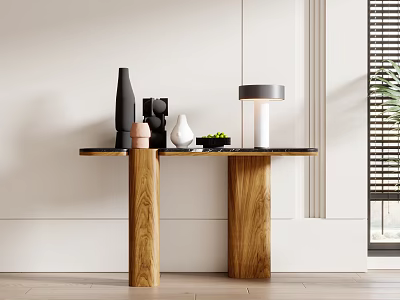 Elegant Console Table With Wooden Legs Vases Table Lamp And Green Plant On White Wall 3d model