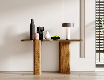 Elegant Console Table With Wooden Legs Vases Table Lamp And Green Plant On White Wall 3d model
