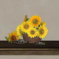 Vibrant Sunflower Bouquet In Wicker Basket With Seeds On Wooden Table Against Light Wall