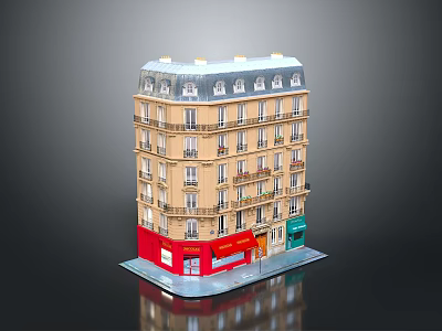 Classic Office Building With Multiple Floors Beige Exterior Red Green Ground Floor Storefronts And Balconies 3d model