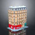 Classic Office Building With Multiple Floors Beige Exterior Red Green Ground Floor Storefronts And Balconies