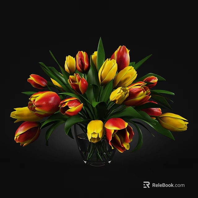 Transparent Glass Vase With Red And Yellow Tulips And Green Leaves On Black Background 3d model 