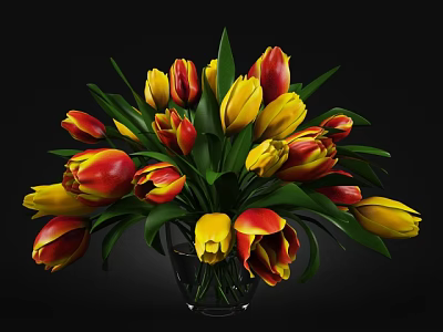 Transparent Glass Vase With Red And Yellow Tulips And Green Leaves On Black Background 3d model