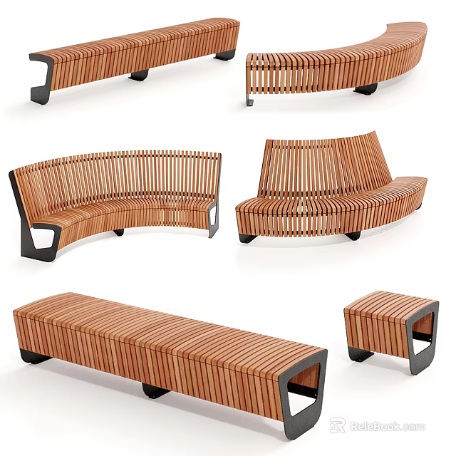 Wooden Landscape Seats With Striped Design And Curved Rectangular Shapes 3d model 