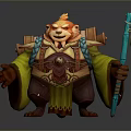 3D Fantasy Bear Character With Orange Fur Braided Hair Yellow Robe And Blue Staff