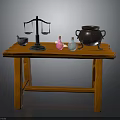 Wooden Table Display With Balance Scale Copper Pot Small Bottles And Spoon