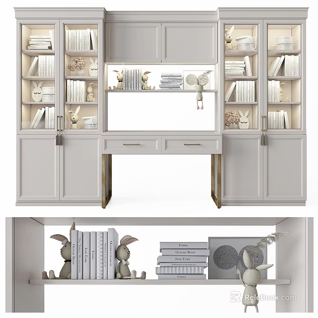 Elegant White Bookshelf With Open Closed Shelves Drawer Rabbit Decor Lighting 3d model