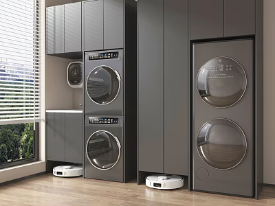 Modern Gray Balcony Cabinet With Built In Washer Dryer And Storage Solutions 3d model