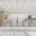 Modern Front Desk Reception Featuring Marble Floor Wooden Shelves White Grid Ceiling And Logo Wall