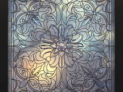 Intricate Carved Window With Detailed Floral Patterns And Stained Glass Design 3d model