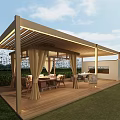 Serene Outdoor Patio With Wooden Pergola Curtains Dining Tables Chairs And Green Lawn