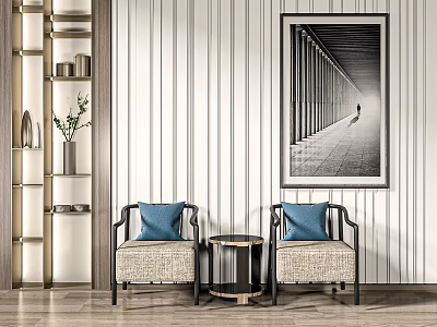 Modern Leisure Sofa Set With Two Chairs Blue Cushions Small Round Table Striped Wallpaper 3d model