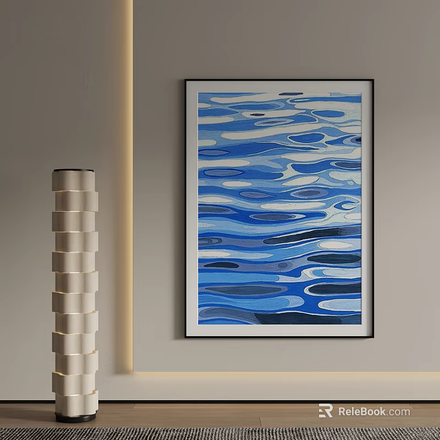 Blue Wave Pattern Artwork Hanging On Wall With White Multi Layered Column Lamp In Interior 3d model