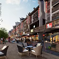 Traditional Chinese Commercial Street With Outdoor Seating Shops Pedestrians And Lanterns