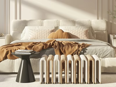 Cream Double Bed With Multiple Pillows Brown Blanket Nightstand Table Lamp And Minimalist Bedroom Design 3d model