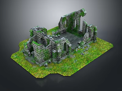 Ancient Stone Ruin Structure With Grass Covered Base And Broken Archways 3d model