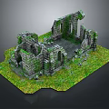 Ancient Stone Ruin Structure With Grass Covered Base And Broken Archways