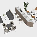 Modern Dining Table Set With Chairs Bar Counter And Green Plants 3d model