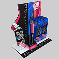 Cosmetic Display Shelf With Big Eyes Colour Mascara Pink Blue Tubes And Packaging