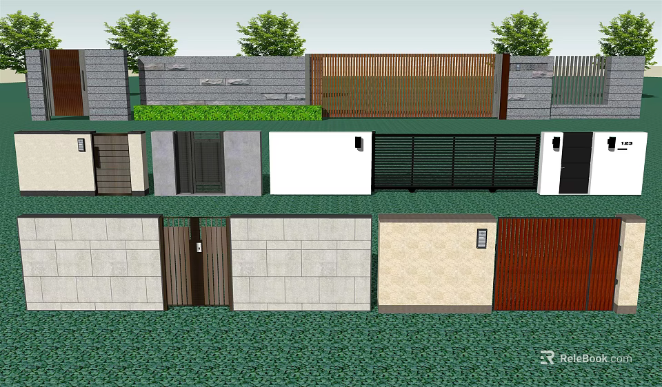 Diverse Entrance Gate Designs With Wooden Metal Stone And Green Grass Surroundings 3d model 