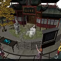 Traditional Culture Pavilion Featuring Ancient Architecture Children Interacting Near Stone Statues And Display Area