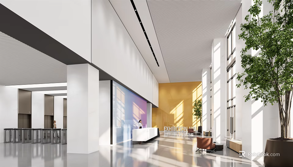 Modern Lobby Reception Desk With White Pillars Large Windows And Green Plants 3d model 