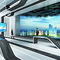 Bright Modern Exhibition Hall Featuring Large Screen Display And Interactive Counters With City View 3d model