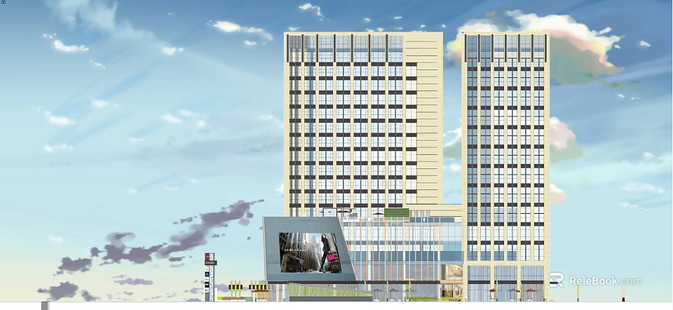 Modern Twin Tower Hotel Building With Glass Curtain Wall And Commercial Base 3d model 
