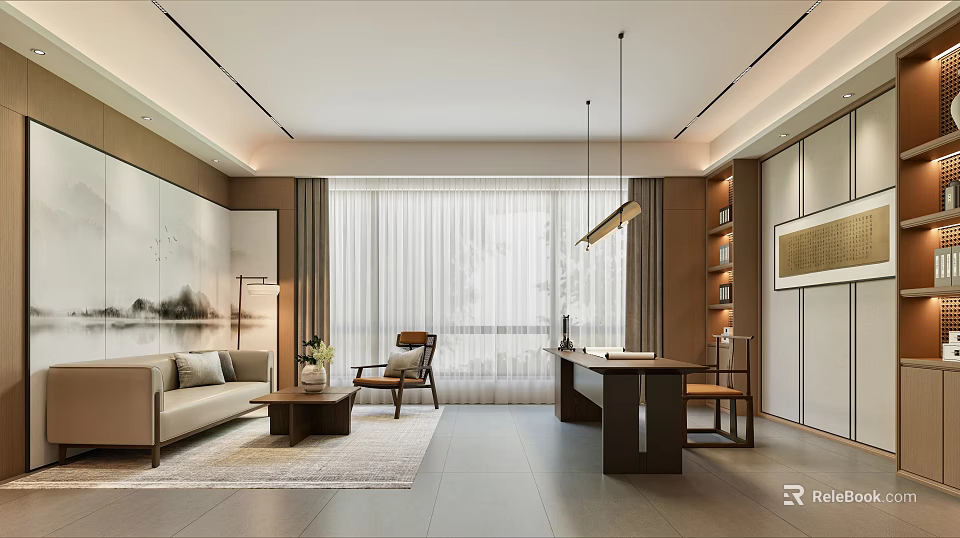 Modern Office Interior With Open Layout Sofa Desk Bookshelf Floor-to-Ceiling Window And Pendant Light 3d model 